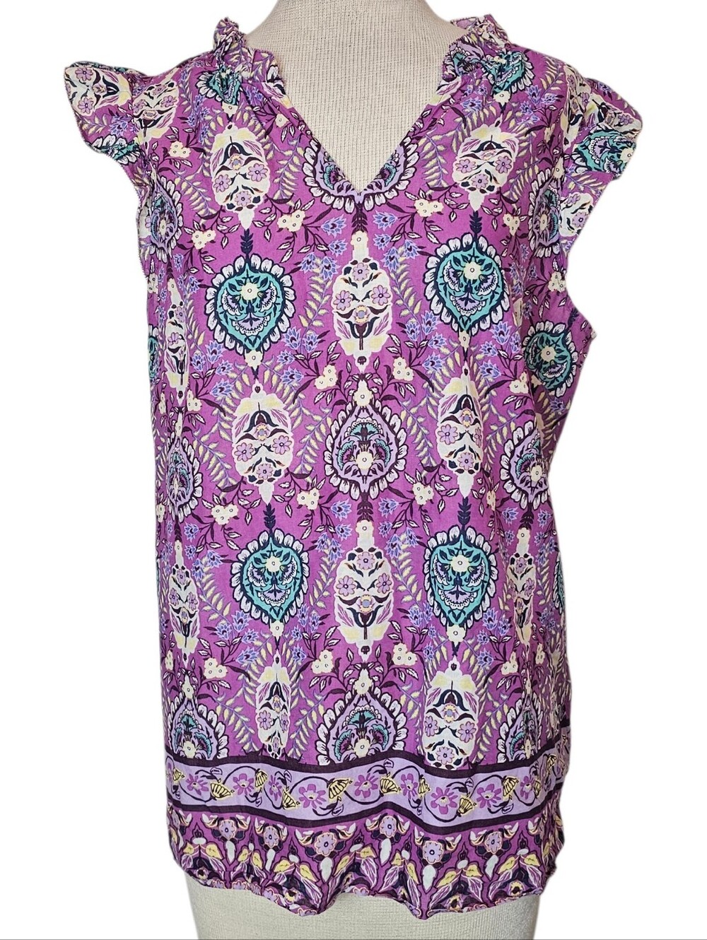 Talbots Floral Ruffle Top Size L 100% Cotton Purple Lightweight Lagenlook Preppy